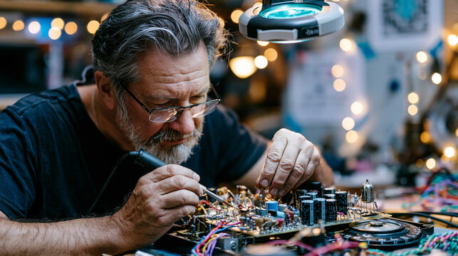 Male radio technician solders a replacement capacitor into a tabletop shortwave receiver chassis under a magnified lamp, receiver schematic taped to the wall, frequency dial removed beside him, vint