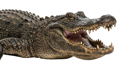 Fototapeta premium Close up of American alligator head with mouth open revealing rows of sharp teeth and powerful jaw, detailed texture of scaly skin and reptilian eye.