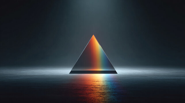 Premium presentation background with a minimalist 3D render of a single triangular crystal prism dispersing a flawless rainbow light spectrum