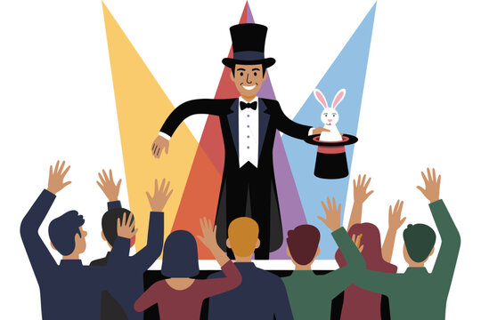 Smiling Magician Performing Rabbit out of Hat Trick for Cheering Audience Illustration