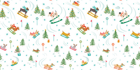 Fototapeta premium Christmas dogs alpines skiing seamless pattern. Cute animals, pets apres ski wallpaper, mountains background, cartoon winter holiday print, outdoor adventure print, vector New Year gift paper.