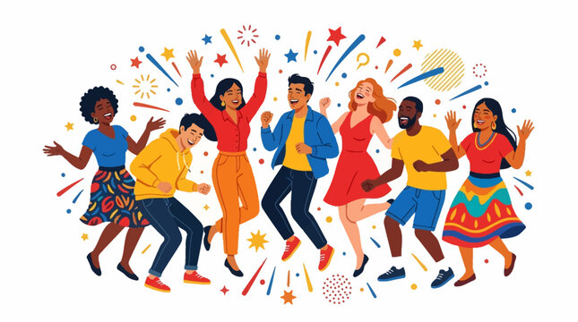 A diverse group of happy young people from various backgrounds are joyfully dancing and celebrating together with festive confetti.