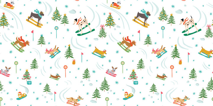 Christmas dogs alpines skiing seamless pattern. Cute animals, pets apres ski wallpaper, mountains background, cartoon winter holiday print, outdoor adventure print, vector New Year gift paper.