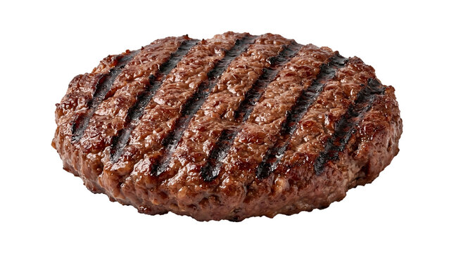Juicy grilled hamburger patty isolated on transparent background png for fast food and barbecue designs.