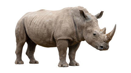 Fototapeta premium Majestic white rhinoceros standing profile view isolated on transparent background png for wildlife and nature designs.