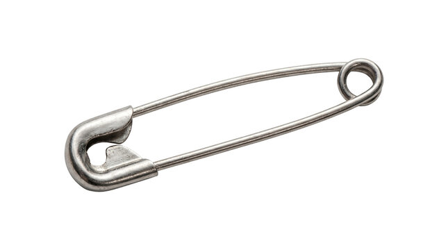 Silver metal safety pin used for fastening fabric or clothing isolated on transparent background png realistic industrial hardware tool for sewing craft.
