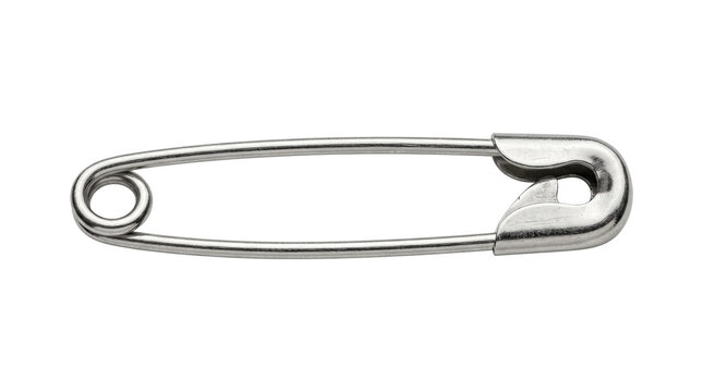 Top view of a closed silver metal safety pin lying horizontally showing detailed coil and clasp mechanism isolated on transparent background for easy editing.