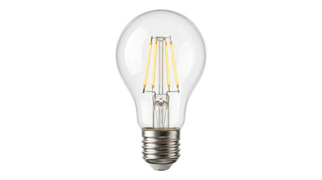 Vintage style led filament light bulb with clear glass and metallic screw base glowing warmly isolated on transparent background for energy concepts and ideas.