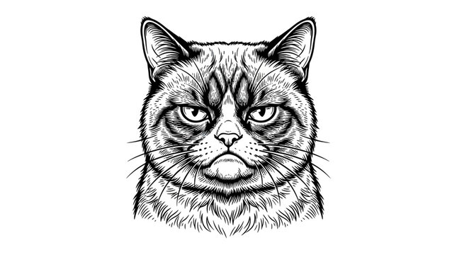 Grumpy Cat Face Portrait, Hand Drawn Sketch Illustration, Black and White