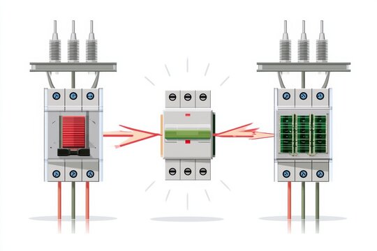 Illustration shows a circuit breaker tripping to isolate a failed section from the rest of an electrical grid.