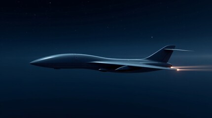 Obraz premium Silhouette of a supersonic bomber aircraft flying at night with engine exhaust flare.