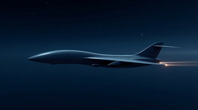 Silhouette of a supersonic bomber aircraft flying at night with engine exhaust flare.
