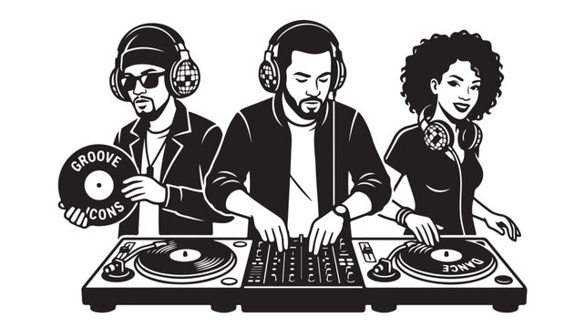 Three DJs Mixing Music On Turntables For Nightlife Entertainment Concepts