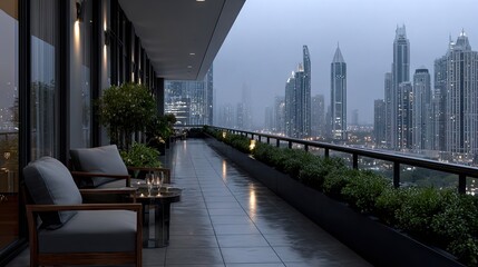 Fototapeta premium Luxury hotel balcony offers view of rainy city skyline with glowing skyscrapers and a small table set with champagne at night