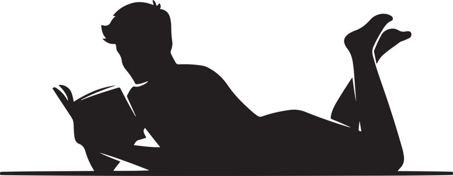 Handsome guy reading a book while lying on the carpet. silhouette icon vector