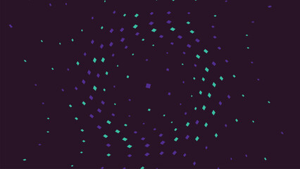 Minimalist digital art with scattered square particles in mint and violet colors orbiting a central void on dark background for tech concepts. © Mdbabul