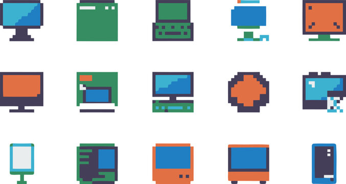 Pixel Art Computer Icons Set with Various Devices and Screens