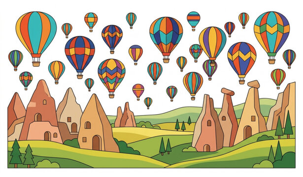 Cappadocia T&uuml;rkiye Hot Air Balloons Fairy Chimneys Travel Landmark Flat Vector Illustration Isolated on White Background