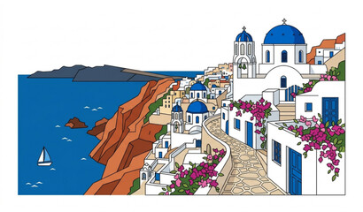 Minimal Santorini Cliff Village with Blue Domes Flat Travel Vector Illustration on White Background © MDMunna