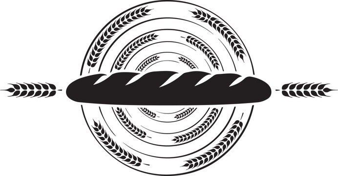 A scored baguette on a circular, hypnotic pattern with stylized wheat ears, representing baking and food. silhouette icon vector
