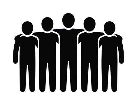 Black silhouette group of five diverse people standing together with arms around shoulders