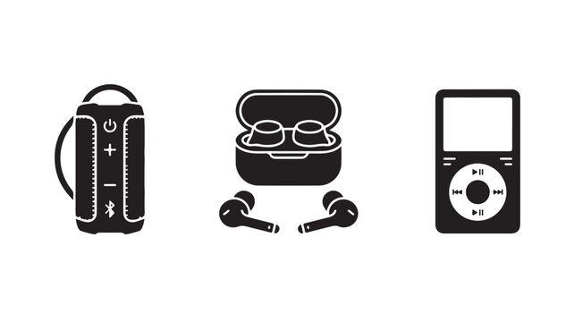 Black icons of portable speaker, wireless earbuds and mp3 player on white background for audio technology concepts
