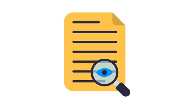 Proofreading icon animation. Illustration of a document with a magnifying glass symbolizing information scrutiny.