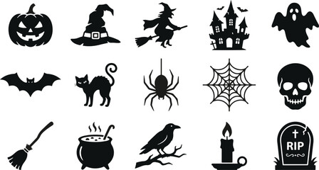 Fototapeta premium Halloween vector bundle spooky icons for designs jack o' lantern witch ghost and more