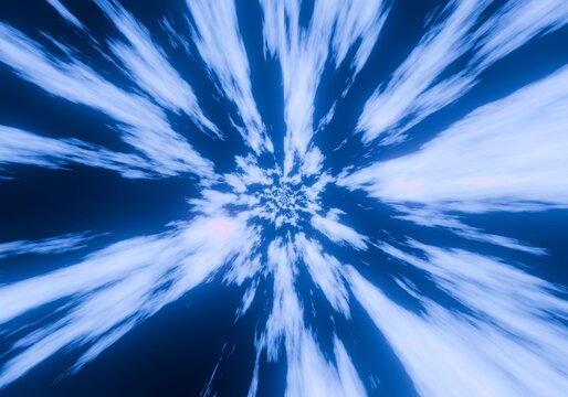 Hyper drive through dense blue cloud vortex space time portal background.