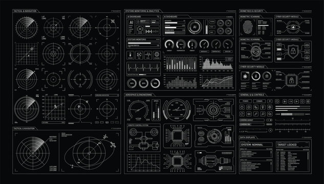 Technical hud asset pack with radar screens data charts biometric scanners and navigation telemetry elements interface dashboard technology graphics futuristic analysis statistics progress