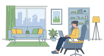 Fototapeta premium Flat illustration of person sitting at desk hesitating before decision, hand on chin, laptop open but idle, sticky notes blank on desk, remote worker, freelance, work from home, work from anywere,