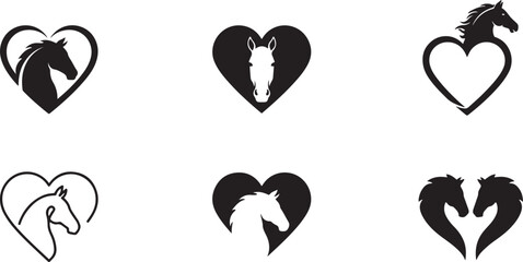 Obraz premium collection of emblem with horse head in heart isolated on white background. silhouette icon vector