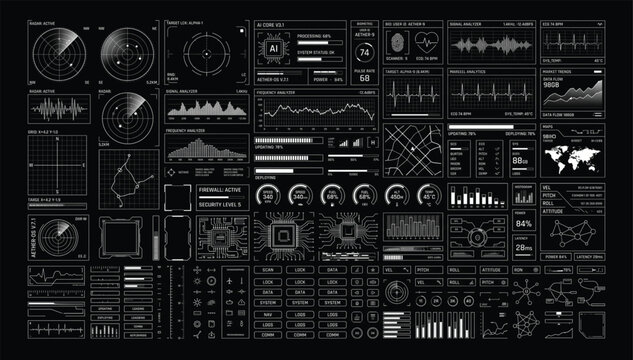Futuristic hud interface elements digital dashboard collection with radar graphs and data visualization icons interface dashboard graphics futuristic technology analysis statistics