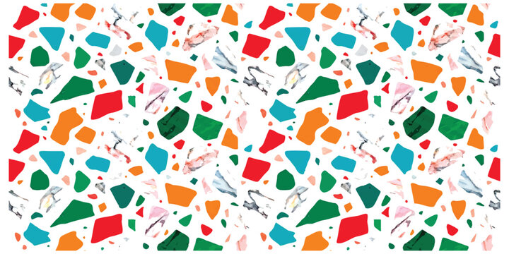 Colorful terrazzo pattern with abstract geometric shapes and artistic hand drawn doodle elements