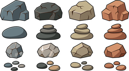 Rock and stone vector collection featuring various cartoon boulders, stacked zen pebbles, mineral crystals, and small gravel elements isolated on white background. © MdShakib