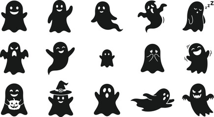 Obraz premium Cute Halloween Ghost Silhouette Set Black and White Spooky Ghost Clipart Vector Bundle