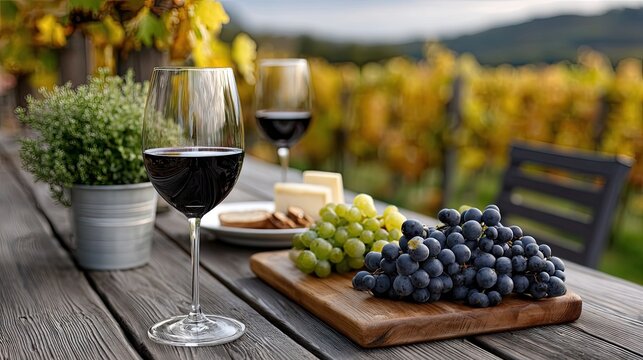 Luxury picnic in a vibrant vineyard during autumn harvest with rustic table and artisan food under warm sunset light