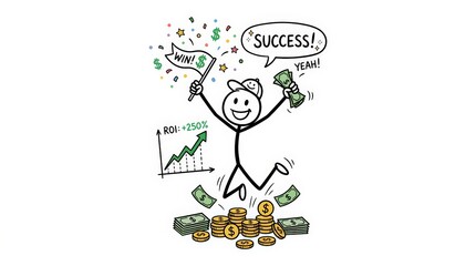 Fototapeta premium Financial Success Stick Figure Man Celebrating with Money and ROI Graph, Doodle Illustration