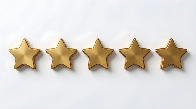 Five golden stars representing top rating customer feedback excellence isolated on a clean white background for professional business review