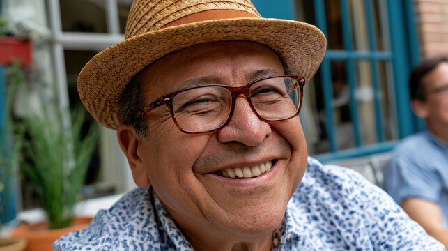 A happy senior man with glasses and a straw hat enjoys time outdoors. Perfect for showcasing joy in retirement.