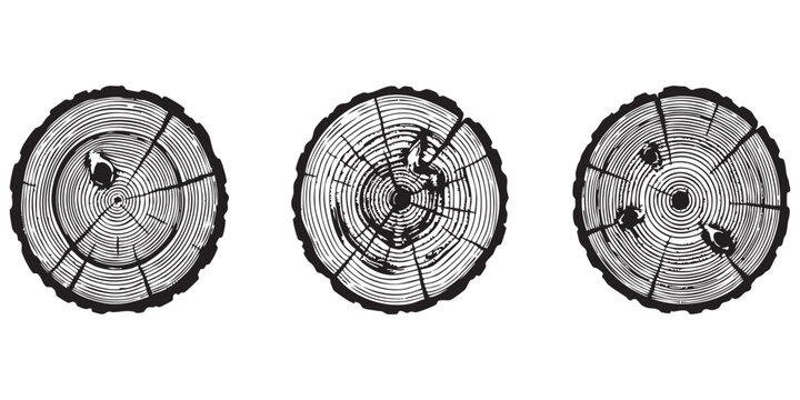 Three tree trunk cross section icons showing wood rings and texture details