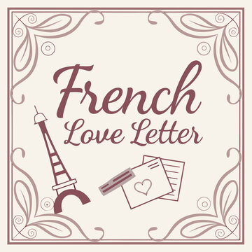A vintage style featuring the text french love letter with an eiffel tower and envelope paris