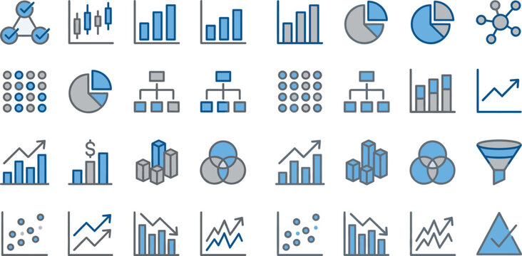 Business data analytics and financial statistics icon set with blue and grey line art diagrams
