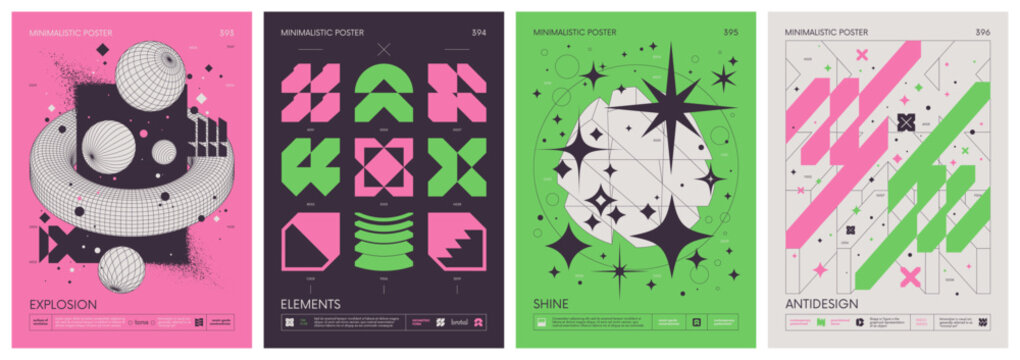Futuristic abstract graphic wireframe elements of geometric shapes rave composition, Trendy color print artwork set 99, Brutalism style vector minimalistic Posters with silhouette postmodern figures