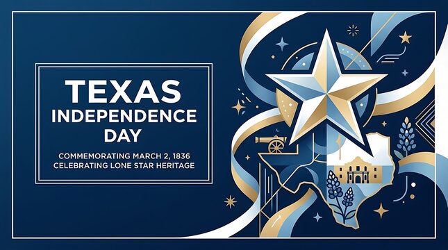 Illustrative graphic celebrating Texas Independence Day with the Lone Star flag motif and historical landmarks