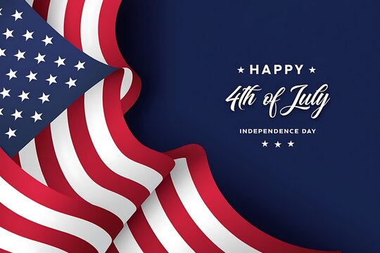 Waving American Flag With Happy Fourth of July Independence Day Celebration Message Overlayed on Blue Background