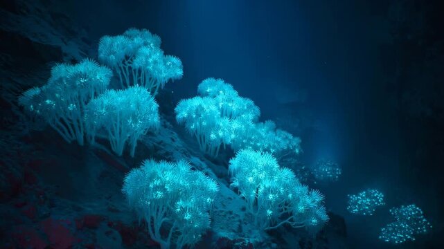 Deep ocean trench illuminated by bioluminescent coral structures, non identifiable environment, sharp focus, realistic light