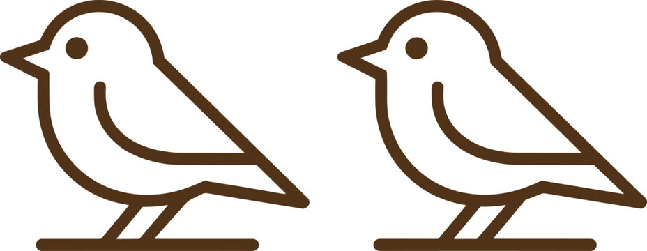 Minimalist bird outline vector icon collection featuring two cute little birds perched on branch isolated on white background