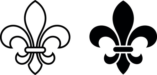 Fleur de lis vector icon illustration set featuring classic heraldic lily in line art outline and solid black silhouette styles © Soneka