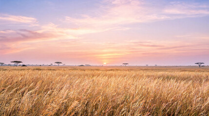 Obraz premium Serene savannah landscape with acacia trees at sunset in golden grasslands under colorful sky